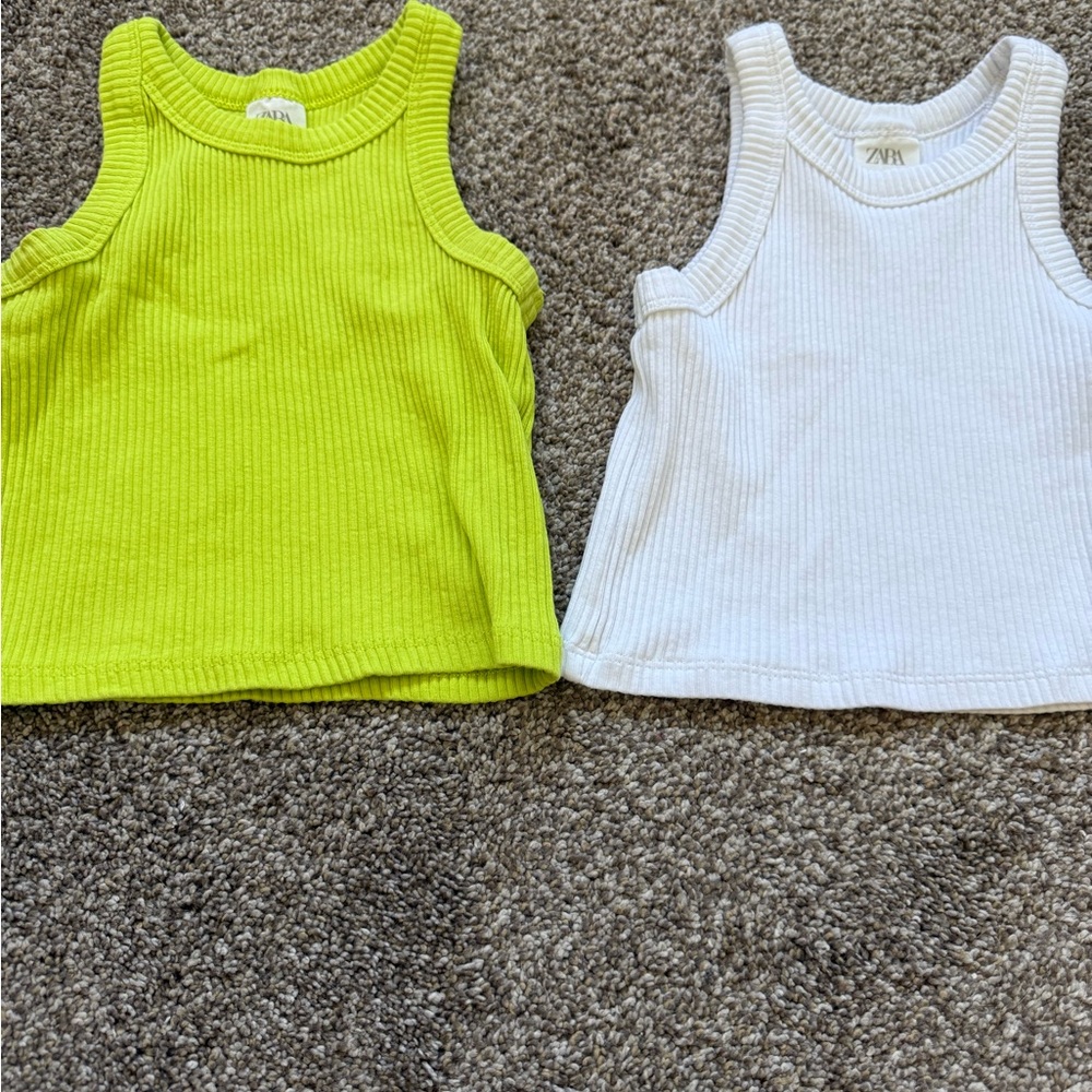 Zara Kids Lime Green and White Ribbed Tank Tops size 6-7 and 8-9